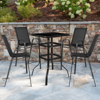 Flash Furniture TLH-073H092H4-B-GG 5 Piece Outdoor Glass Bar Patio Table Set with 4 Barstools